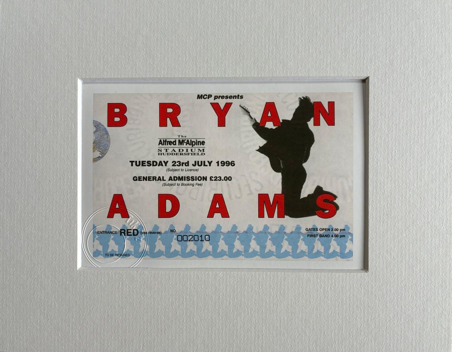 BRYAN ADAMS - 1996 The National Bowl, Milton Keynes framed ticket giclee print