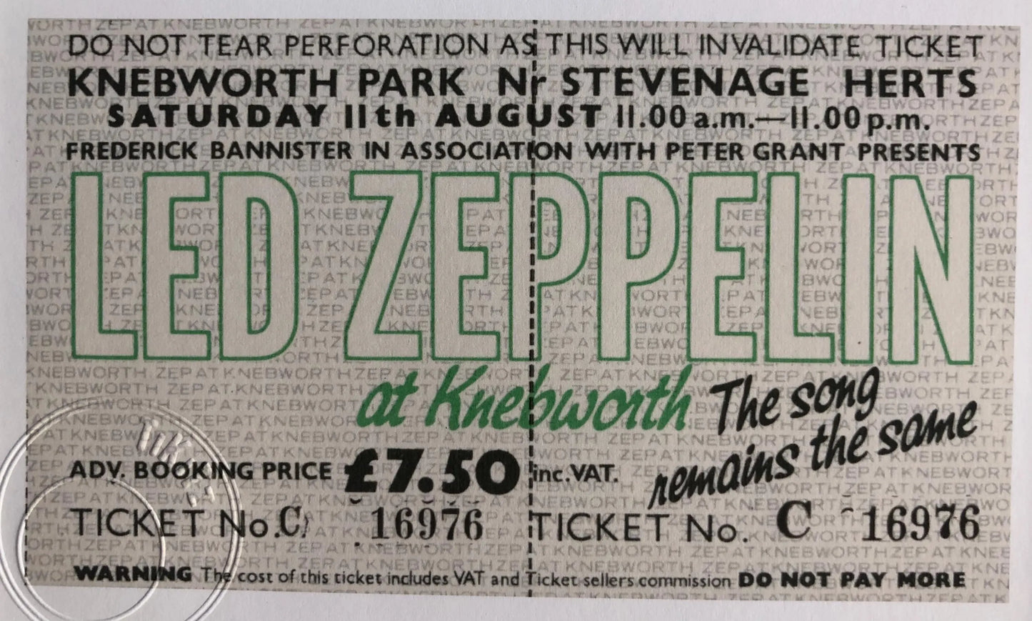 LED ZEPPELIN - 11/8/1979 Knebworth Park framed ticket giclee print