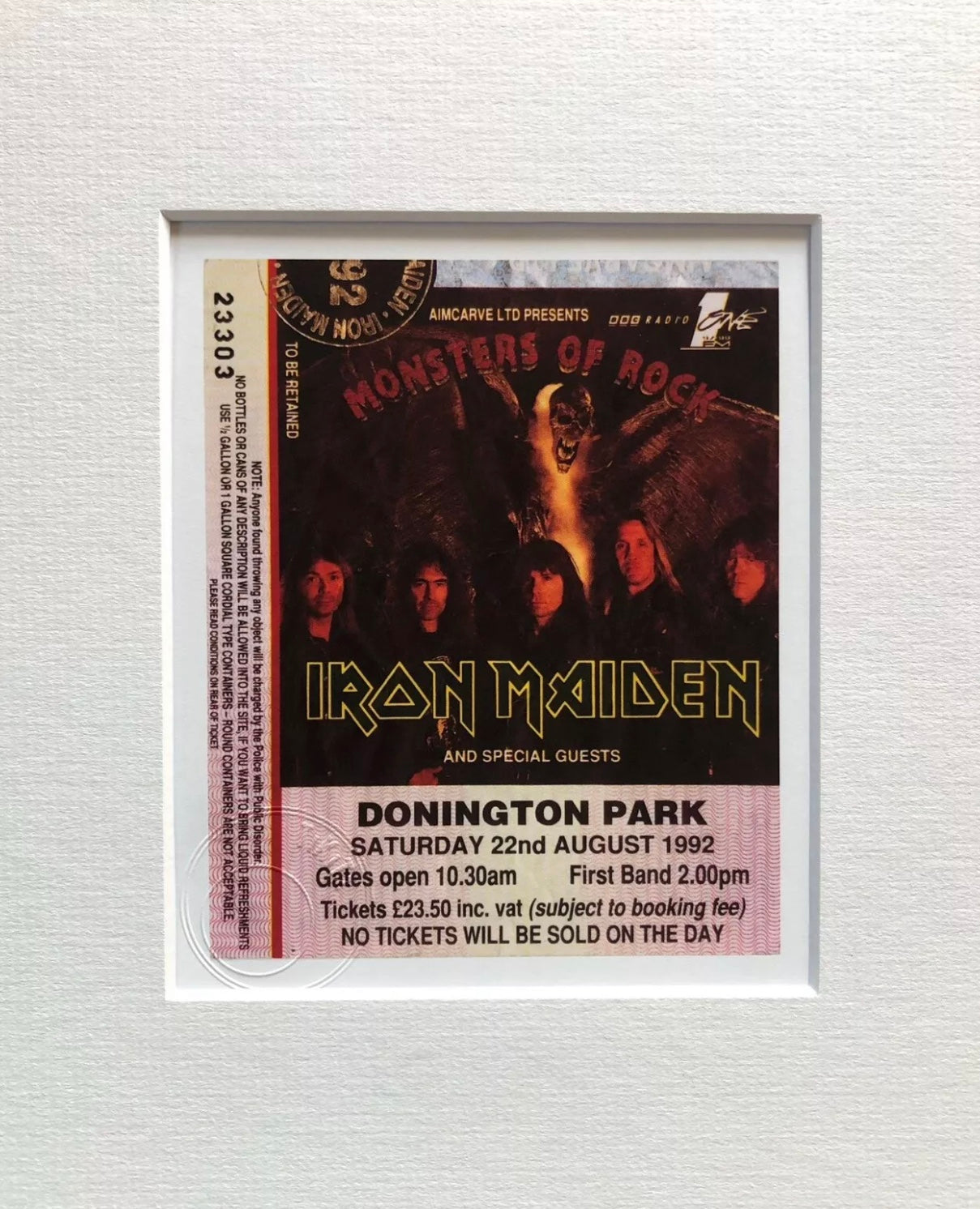 IRON MAIDEN - 22/8/1992 Monsters of Rock at Donington Park framed ticket giclee print