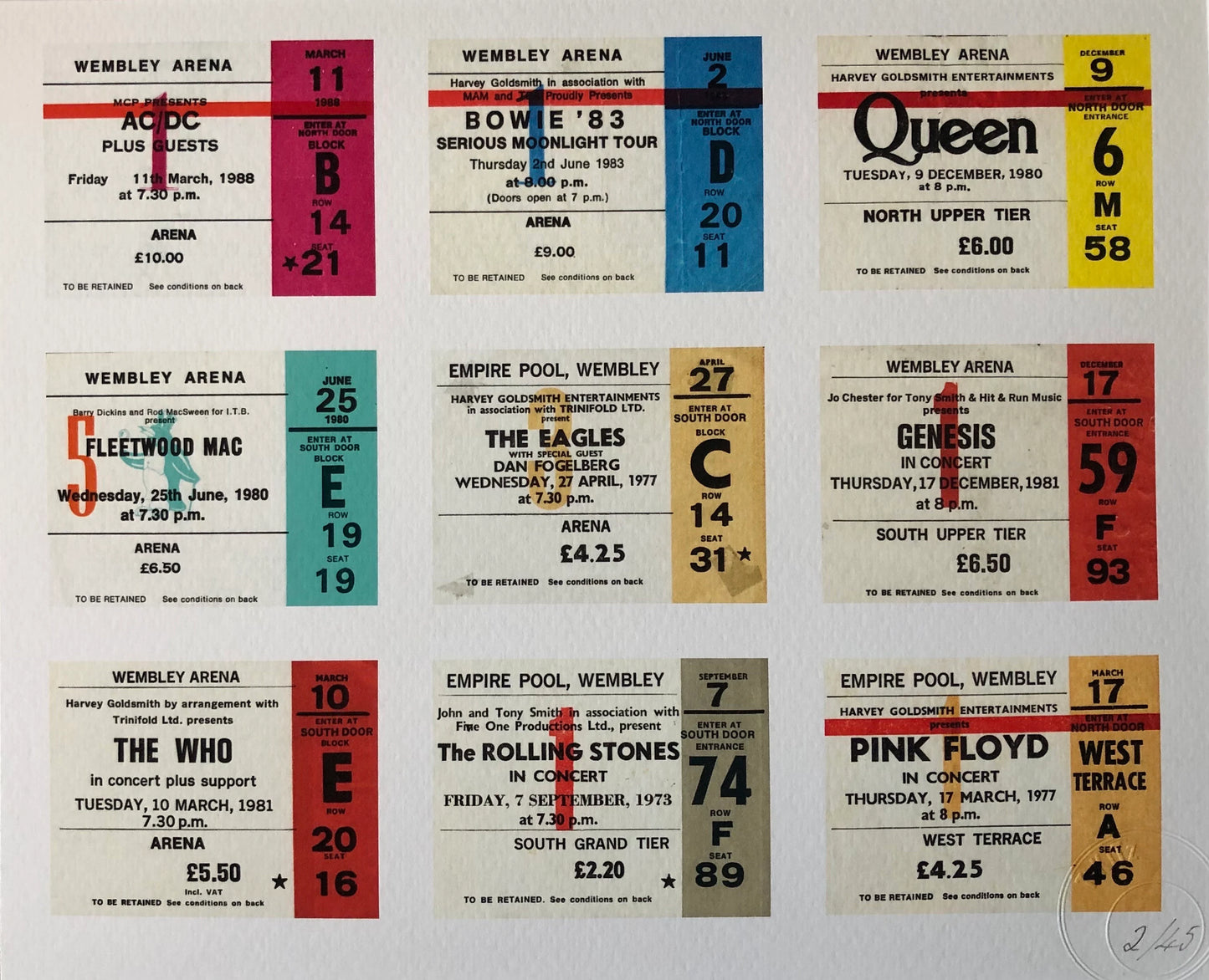 MUSIC ICONS WEMBLEY TICKETS 2 - A framed limited edition ticket giclee print. Featuring 9 different Artist / Band tickets .Edition size 45