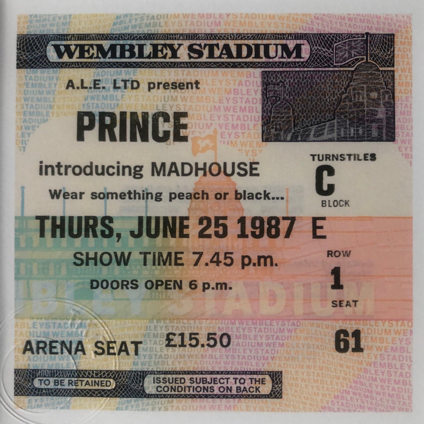 PRINCE - 1987 “Wembley Stadium , London framed ticket giclee print