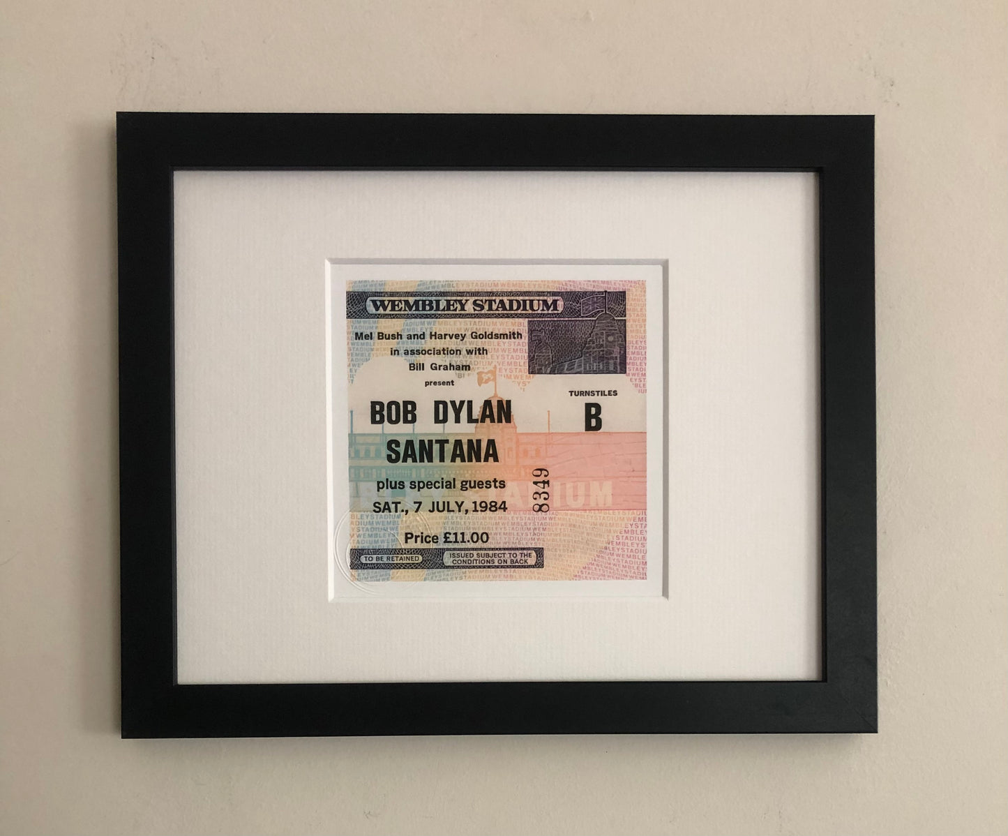 BOB DYLAN / SANTANA - 1984 Wembley Stadium , London framed ticket giclee print