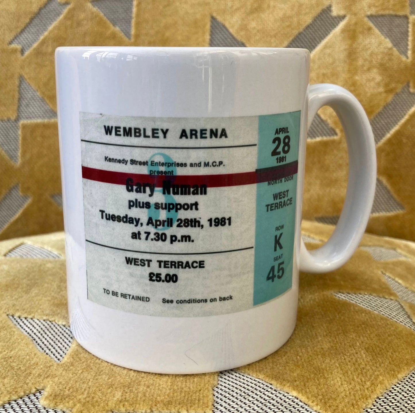 GARY NUMAN - 11oz ceramic mug featuring the 1981 “ The Farewell Concerts” Wembley Arena , London ticket on both sides