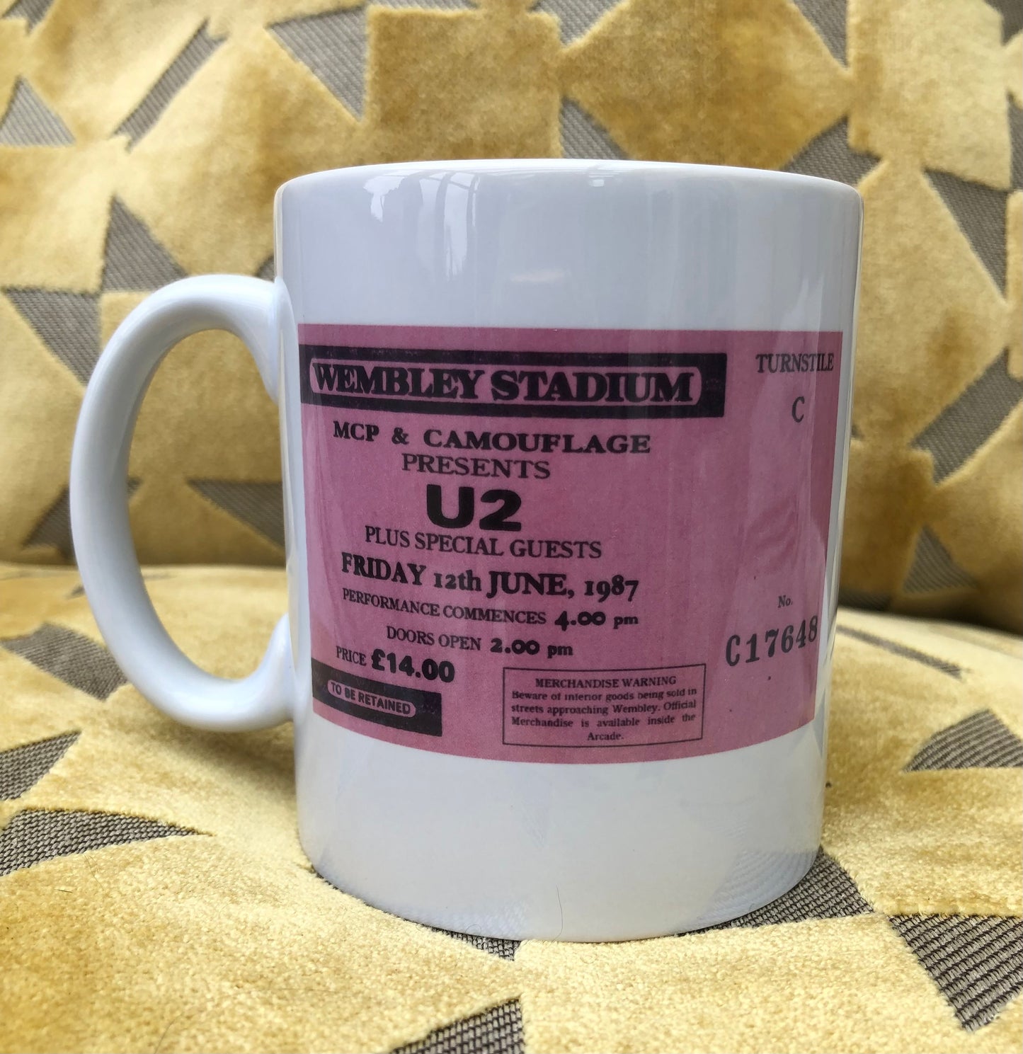 U2 - 11oz ceramic mug featuring the 1987 “ Joshua Tree tour” Wembley Stadium , London ticket on both sides