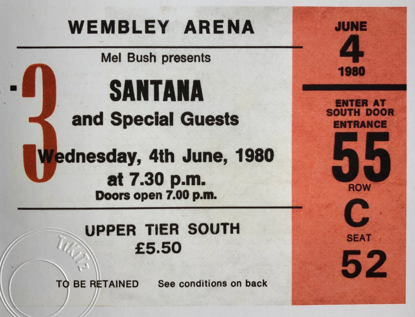SANTANA - 1980 Wembley Arena , London framed ticket giclee print