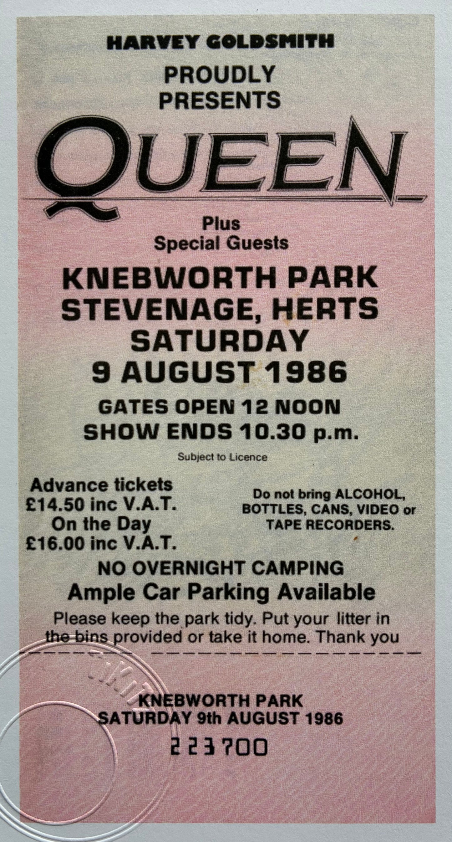 QUEEN - 9/8/1986 Knebworth Park framed ticket giclee print