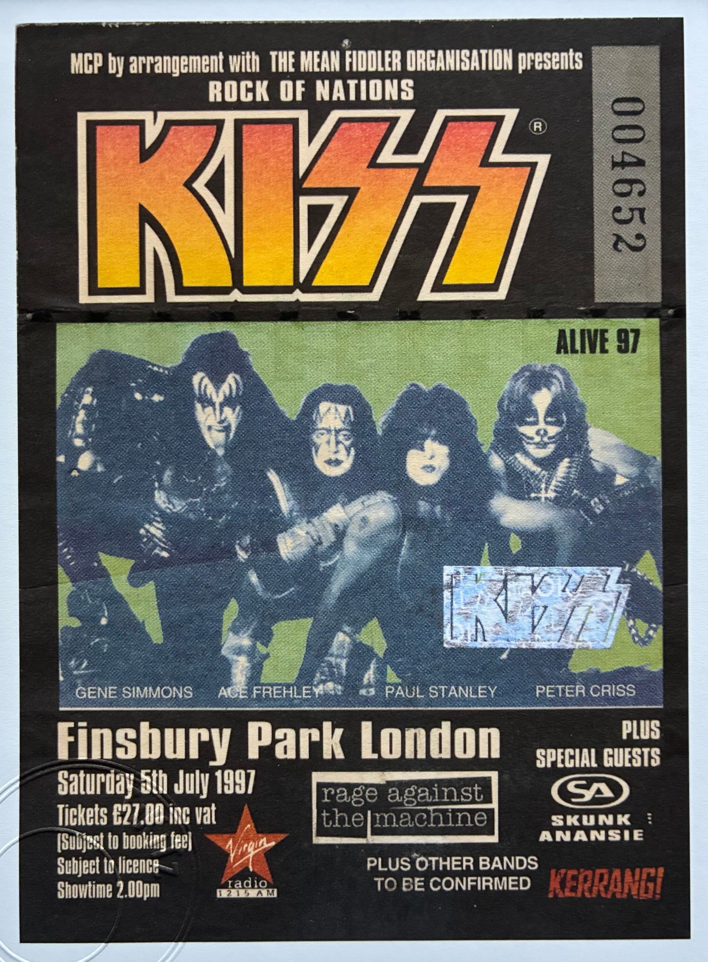 KISS - 1997 Finsbury Park, London framed ticket giclee print