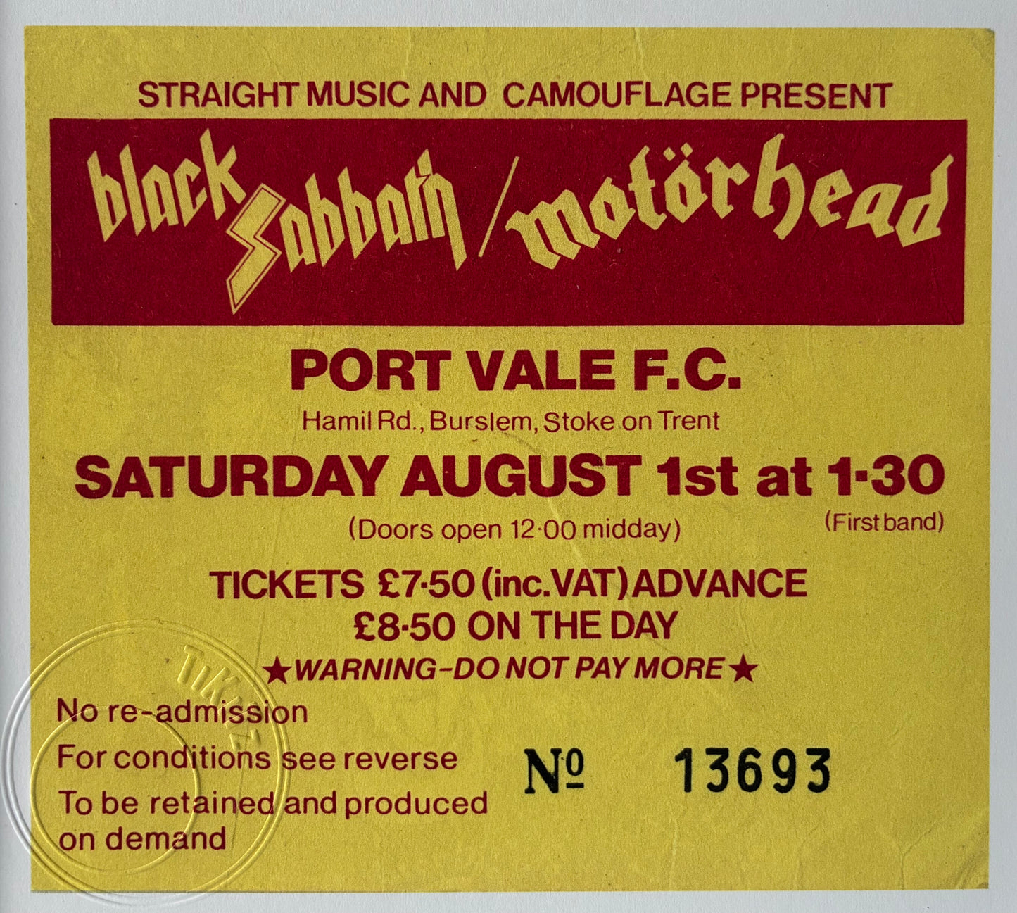 OZZY OSBOURNE / RANDY RHOADS / MOTORHEAD- 1981 Port Vale F.C framed ticket giclee print