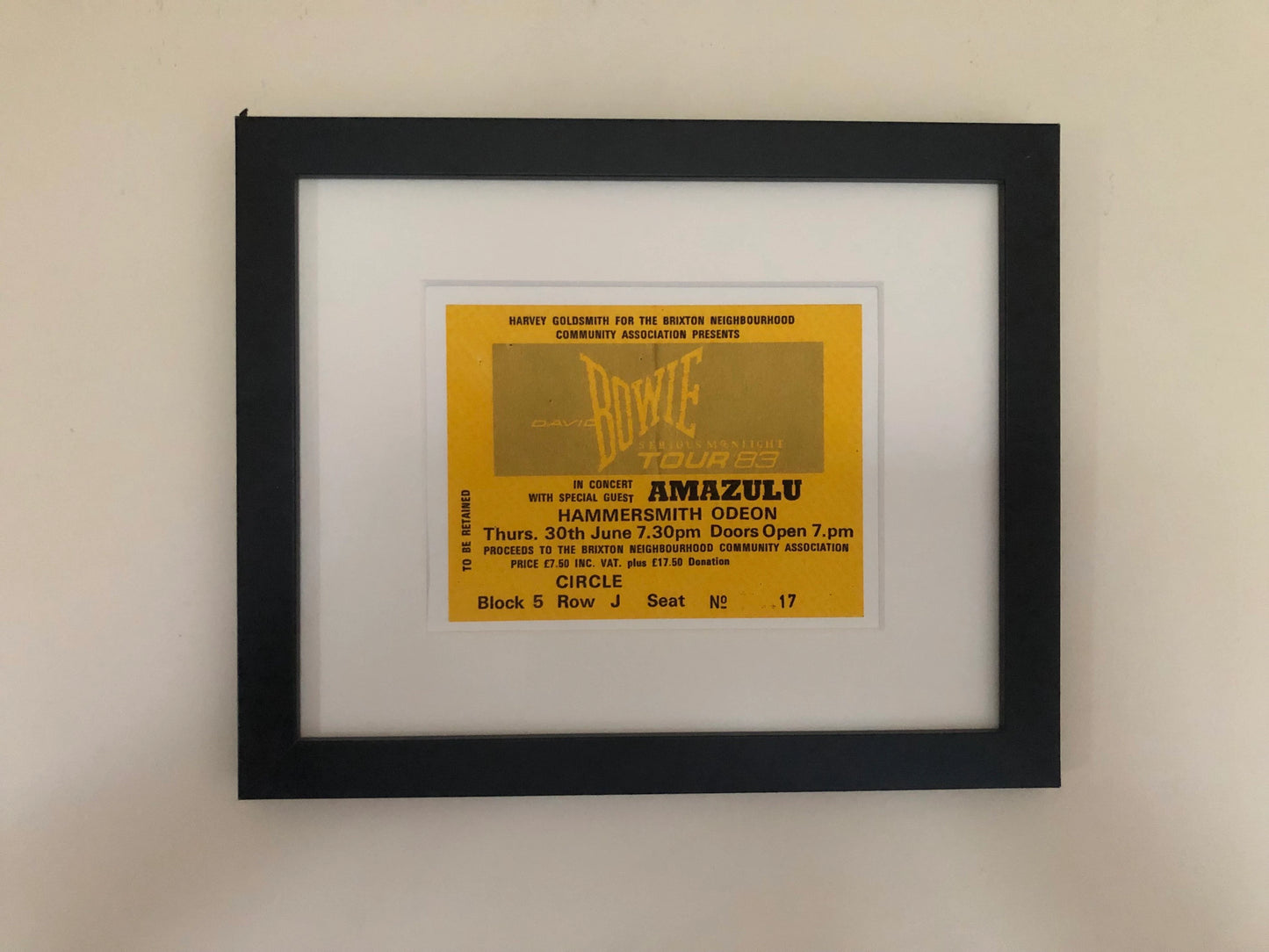 DAVID BOWIE - 1983 “ Serious Moonlight tour” , Hammersmith Odeon, London framed ticket giclee print