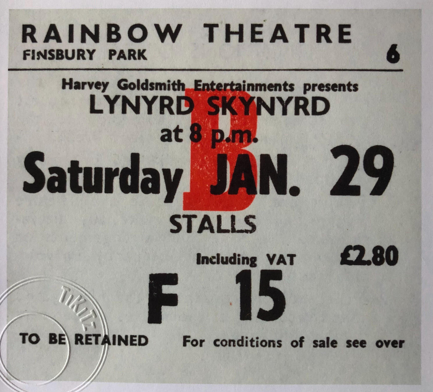 LYNYRD SKYNYRD - 1977 Rainbow Theatre, Finsbury Park, London framed ticket giclee print