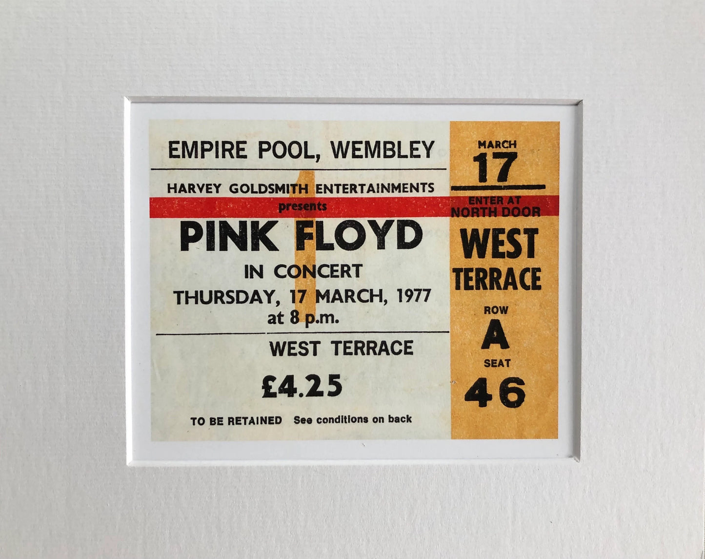 PINK FLOYD - 1977 Empire Pool , Wembley , London framed ticket giclee print