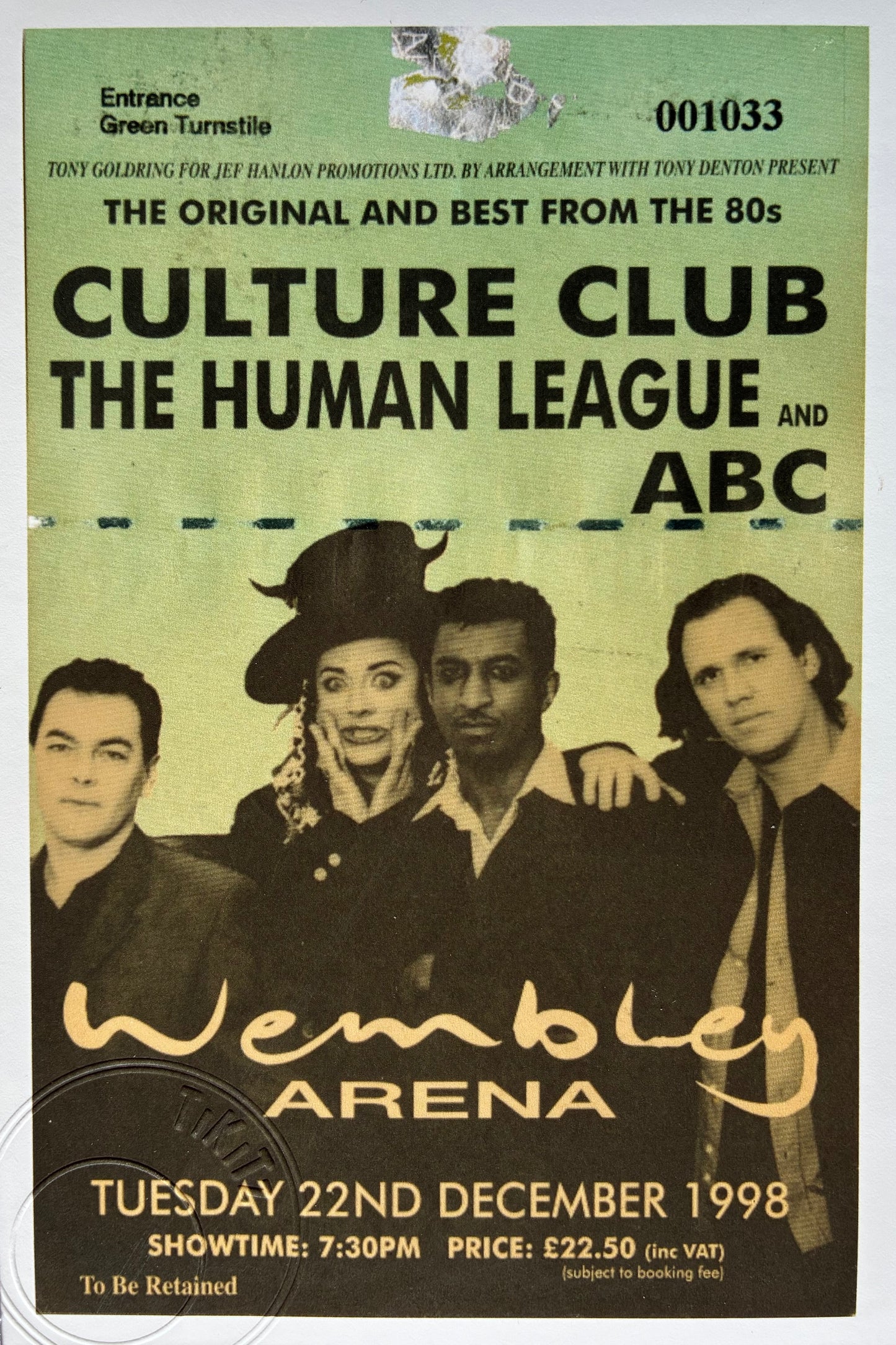 CULTURE CLUB, THE HUMAN LEAGUE and ABC - 1998 Wembley Arena , London framed ticket giclee print