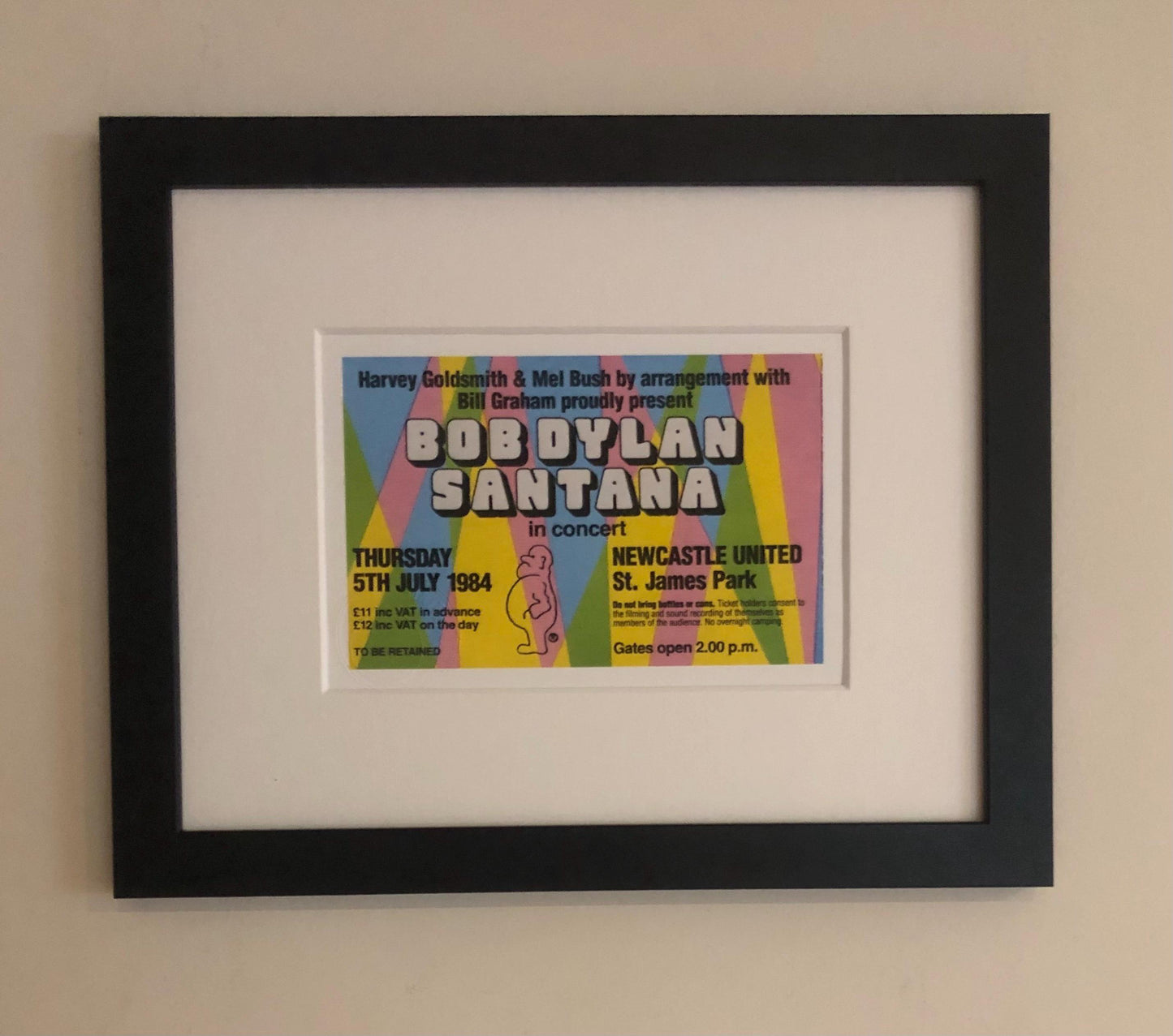 BOB DYLAN / SANTANA - 1984 St. James Park, Newcastle framed ticket giclee print