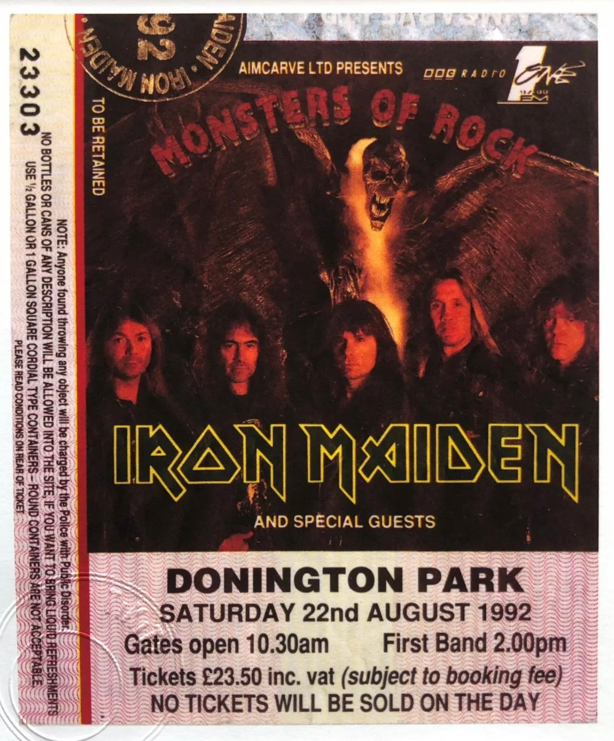 IRON MAIDEN - 22/8/1992 Monsters of Rock at Donington Park framed ticket giclee print