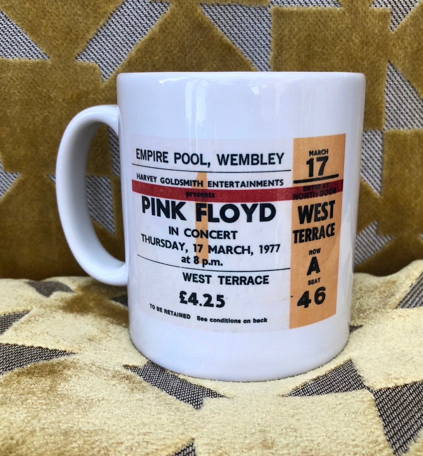 PINK FLOYD - 11oz ceramic mug featuring the 1977 Empire Pool ,Wembley, London ticket on both sides