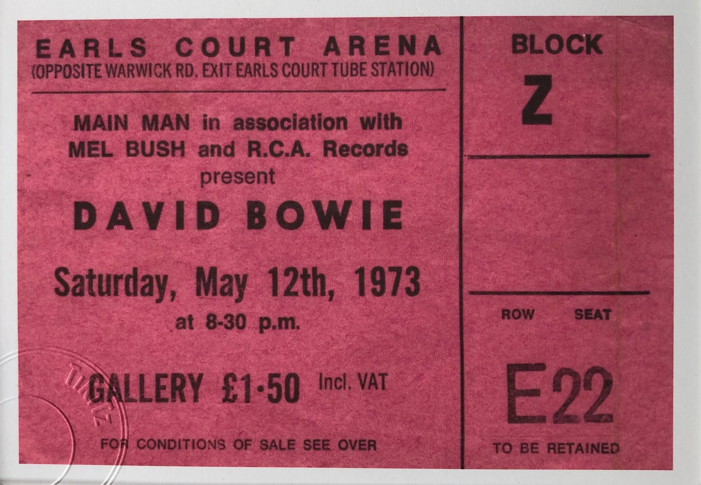 DAVID BOWIE - 1973 Earls Court Arena, London framed ticket giclee print