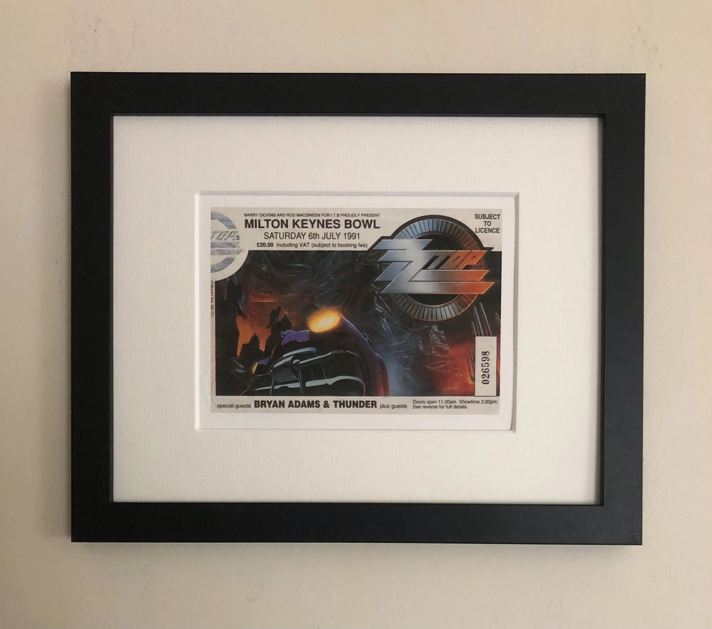 ZZ TOP - 1991 Milton Keynes Bowl framed ticket giclee print