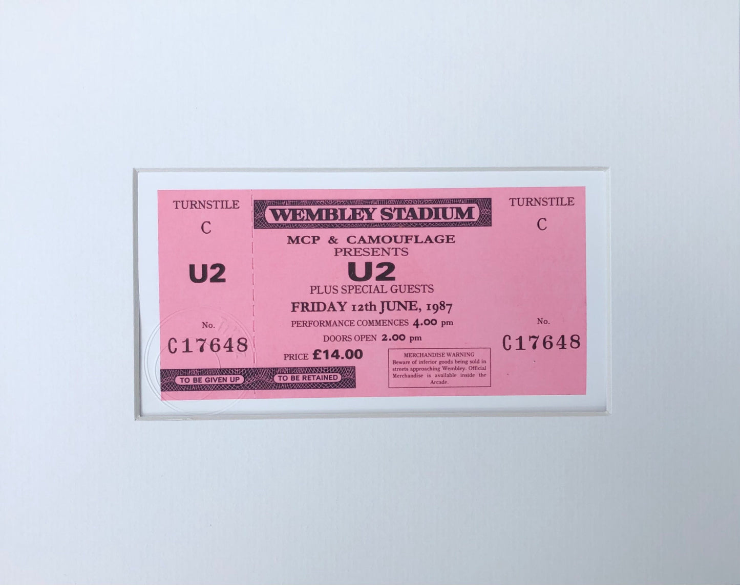 U2 - 1987 “ Joshua Tree tour “ Wembley Stadium , London framed ticket giclee print