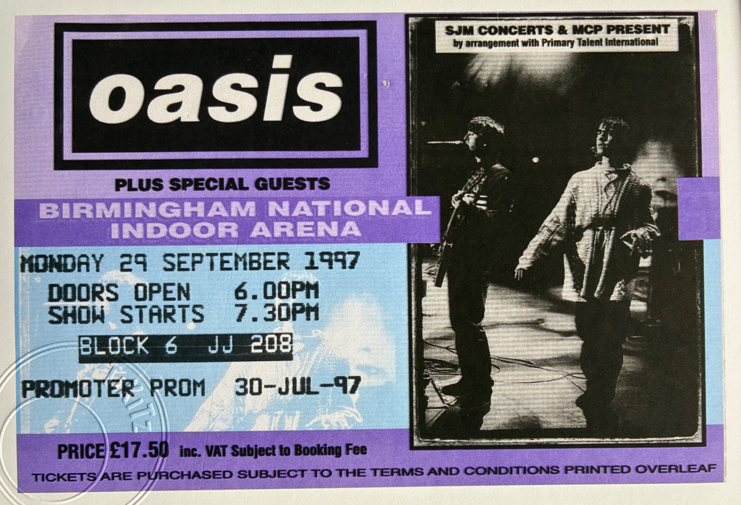 OASIS - 29/9/ 1997 Birmingham National indoor Arena framed ticket giclee print
