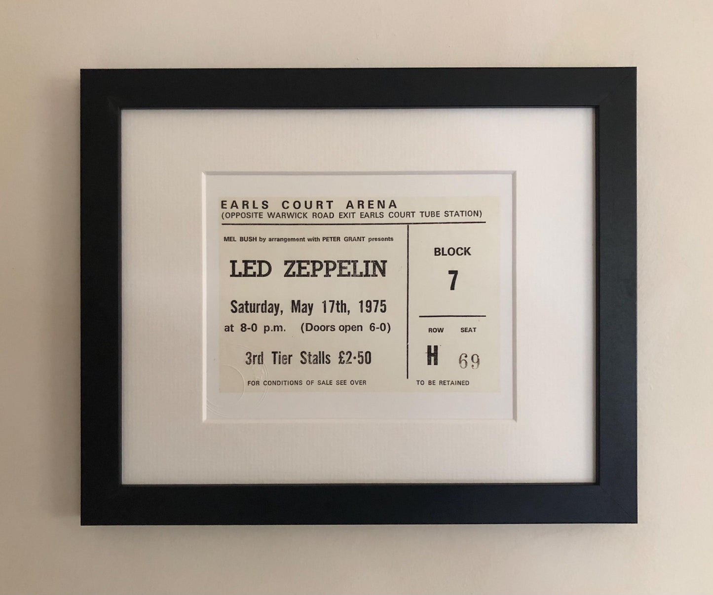 LED ZEPPELIN - 1975 Earls Court , London framed ticket giclee print