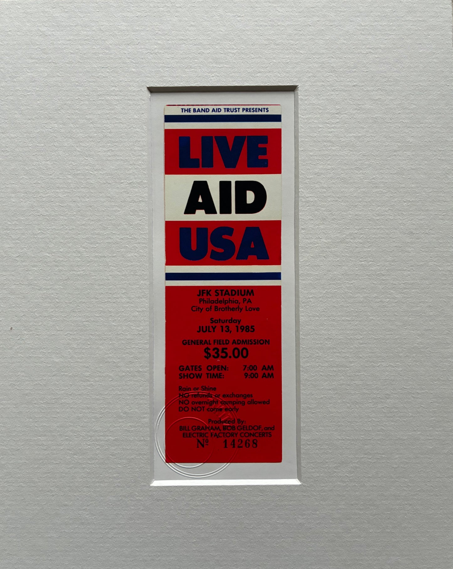 LIVE AID , USA - 1985 JFK Stadium, Philadelphia, USA framed ticket giclee print