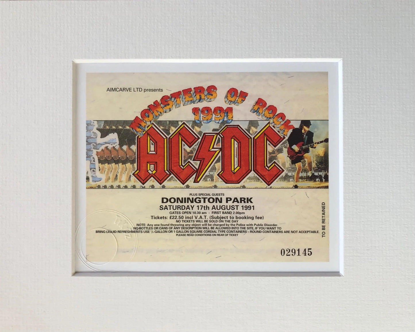 AC/DC- 17/8/1991 Monsters of Rock at Donington Park framed ticket giclee print