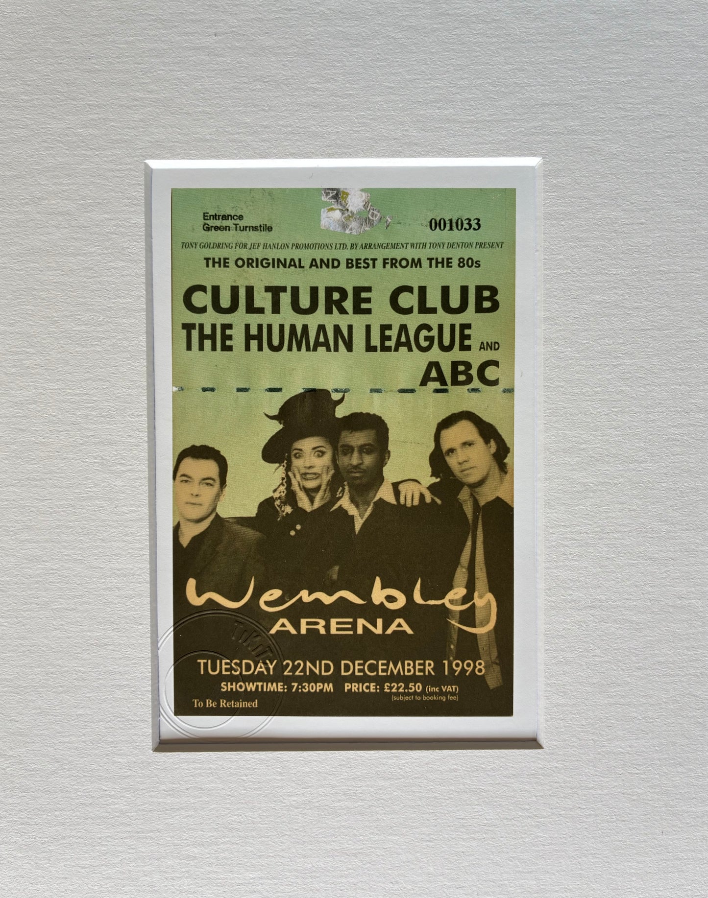 CULTURE CLUB, THE HUMAN LEAGUE and ABC - 1998 Wembley Arena , London framed ticket giclee print