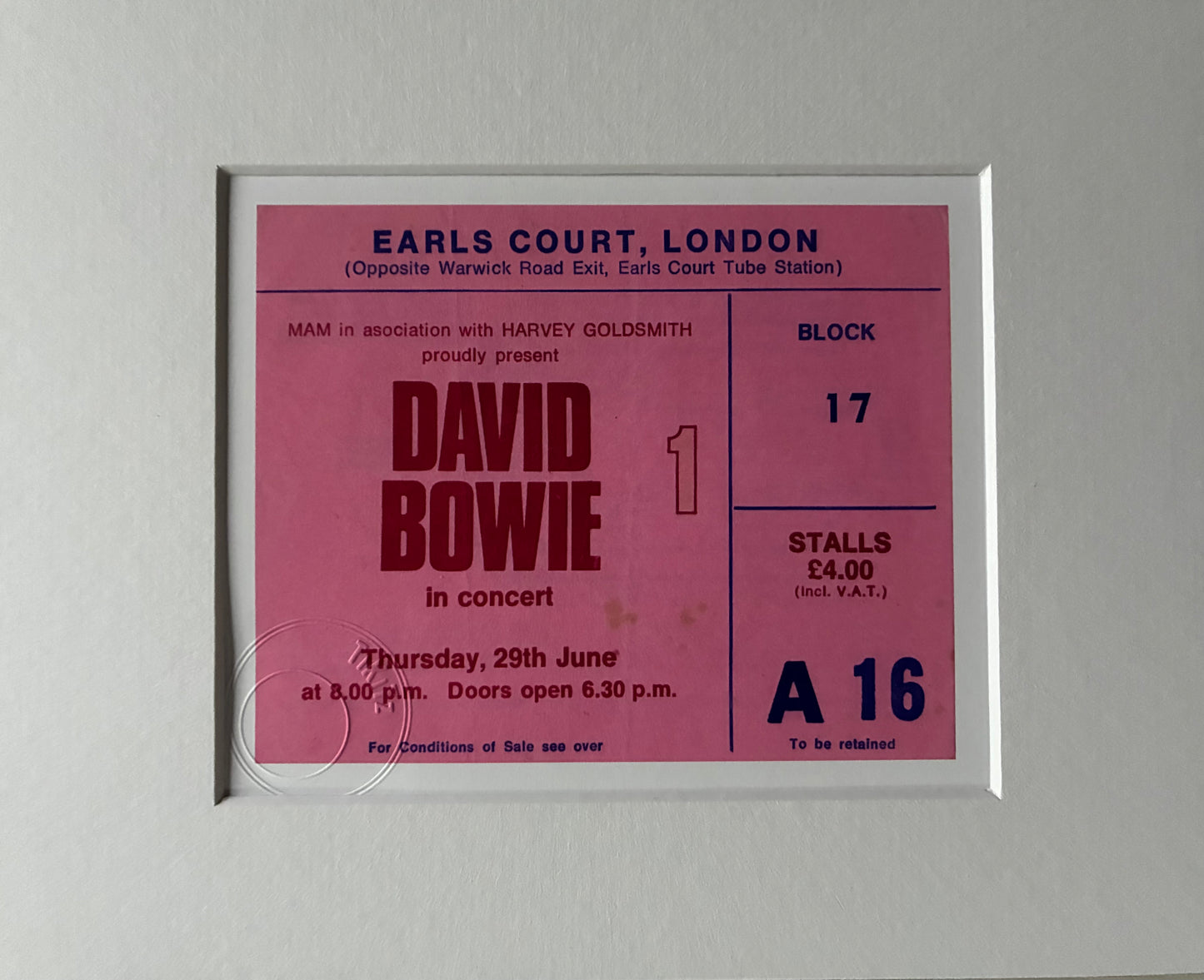 DAVID BOWIE - 1978 Earls Court, London( 1st night of a 3 night residency ) framed ticket giclee print
