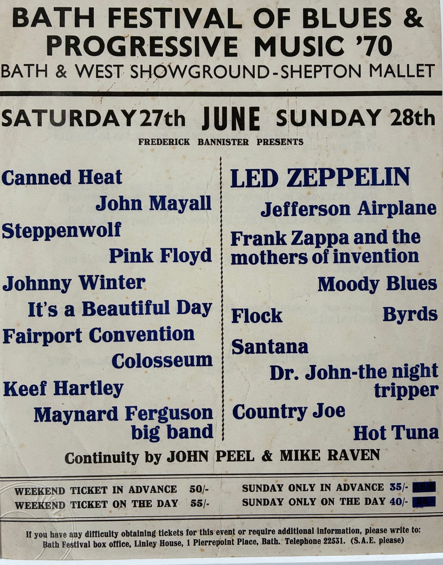 LED ZEPPELIN / PINK FLOYD /SANTANA -1970 Bath Festival of Blues and Progressive rock hand flyer framed giclee print