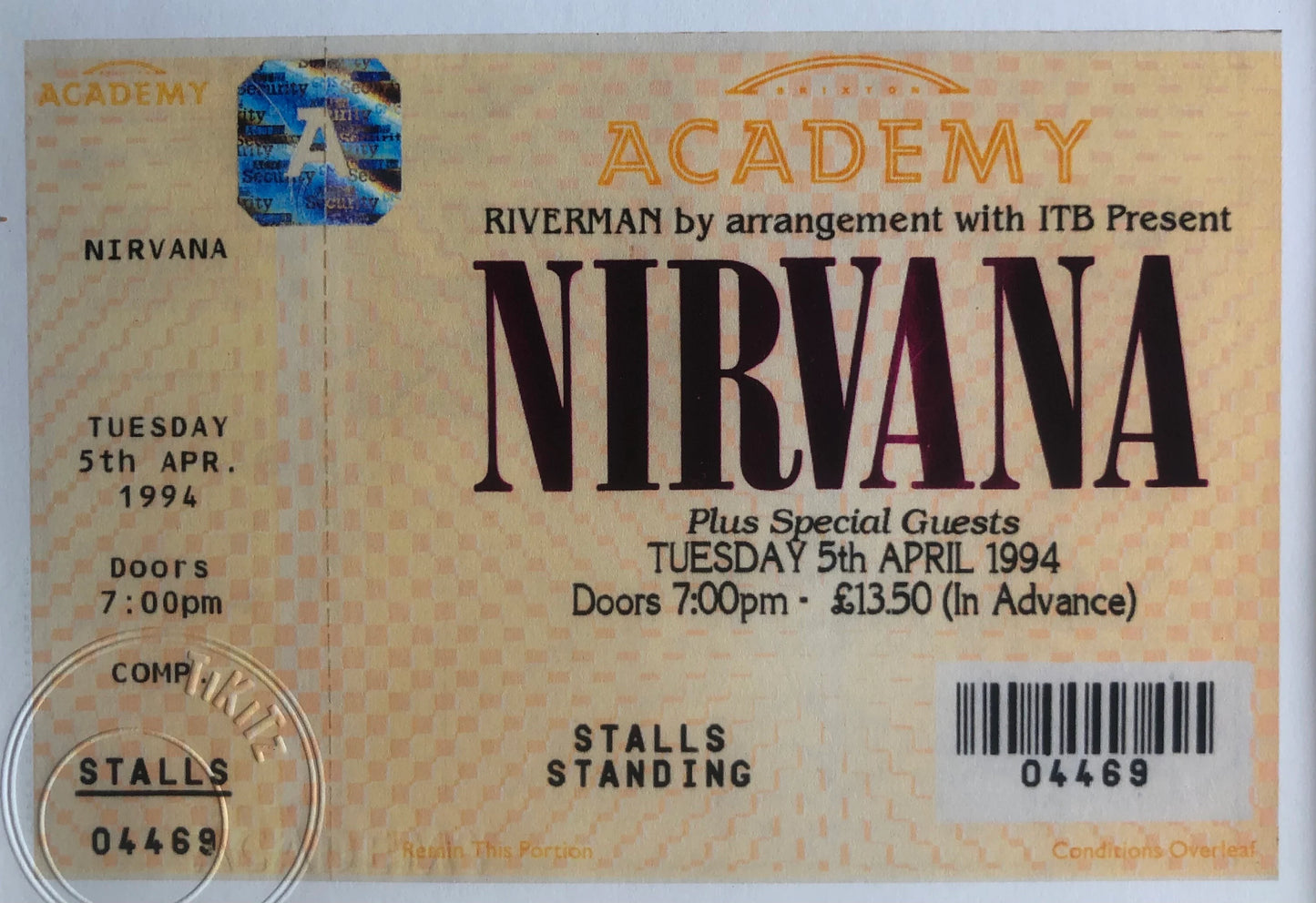 NIRVANA - 1994 Brixton Academy, London framed ticket giclee print