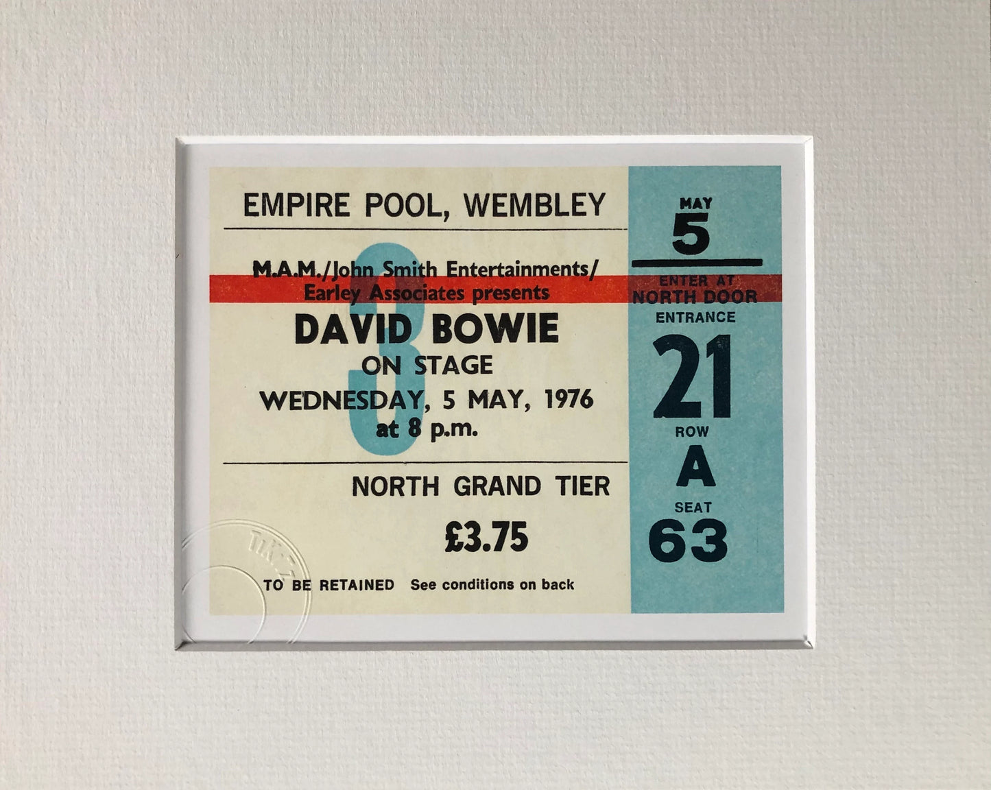 DAVID BOWIE - 1976 Empire Pool , Wembley , London framed ticket giclee print