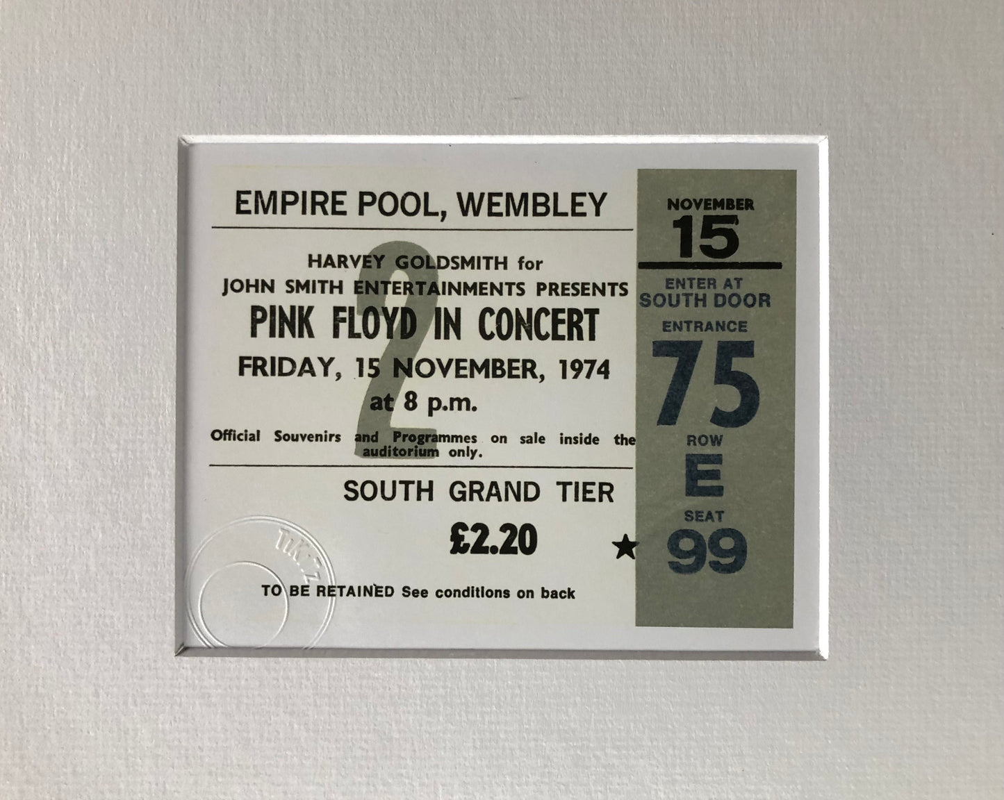 PINK FLOYD - 1974 Empire Pool , Wembley London framed ticket giclee print