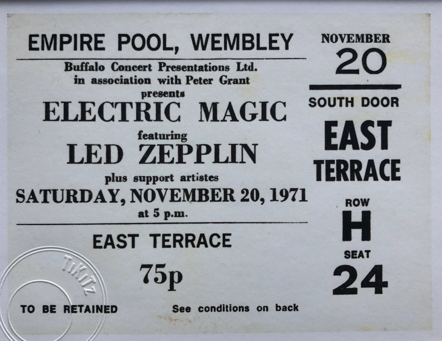 LED ZEPPELIN - 197I “ Electric Magic “ Empire Pool , Wembley framed ticket giclee print