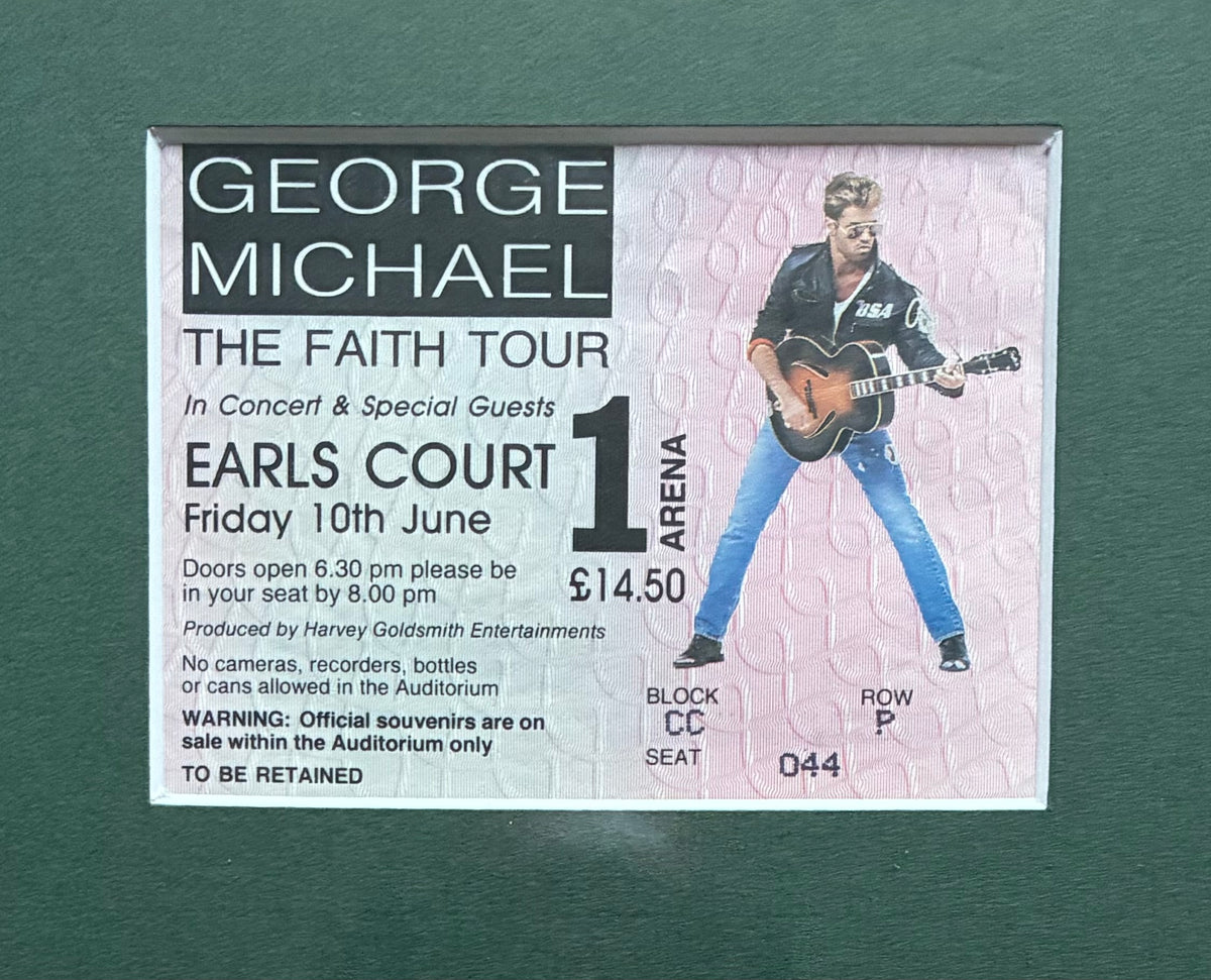 GEORGE MICHAEL 1989 “ The Faith tour ” concert advert and original ticket for the Earls Court, London concert on 10/6/1989 . Framed