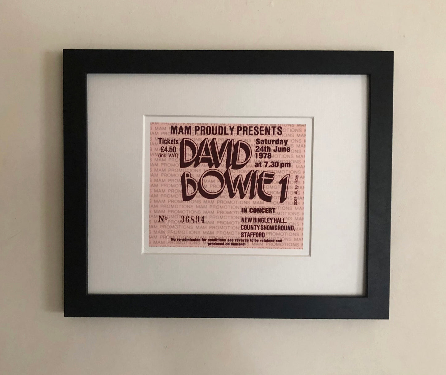 DAVID BOWIE - 1978 New Bingley Hall, Stafford framed ticket giclee print