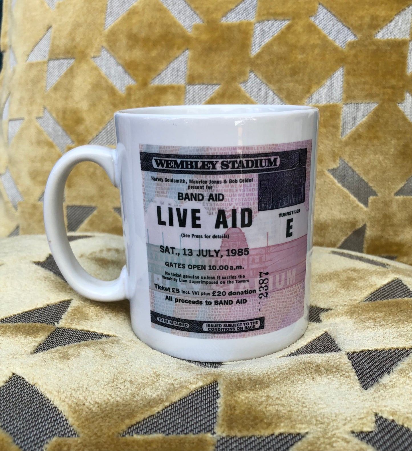 LIVE AID - 11oz ceramic mug featuring the 1985 Wembley Stadium, London ticket on both sides