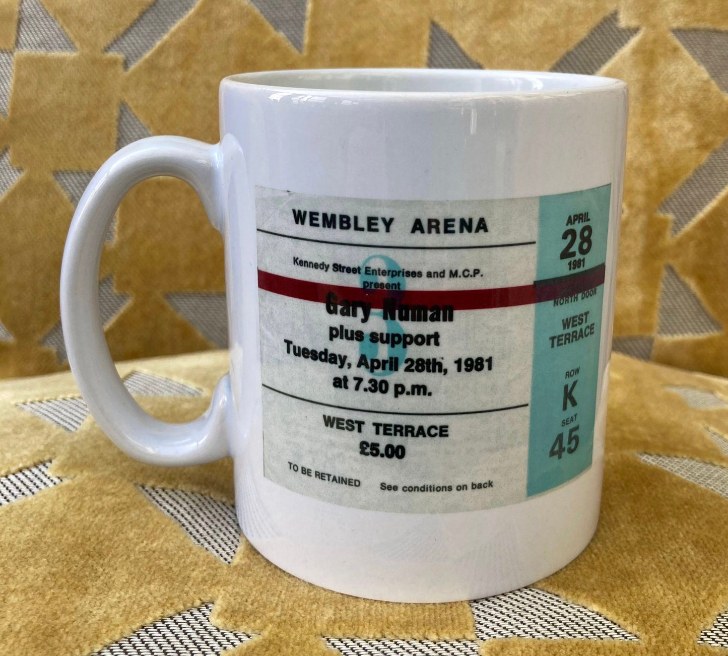GARY NUMAN - 11oz ceramic mug featuring the 1981 “ The Farewell Concerts” Wembley Arena , London ticket on both sides