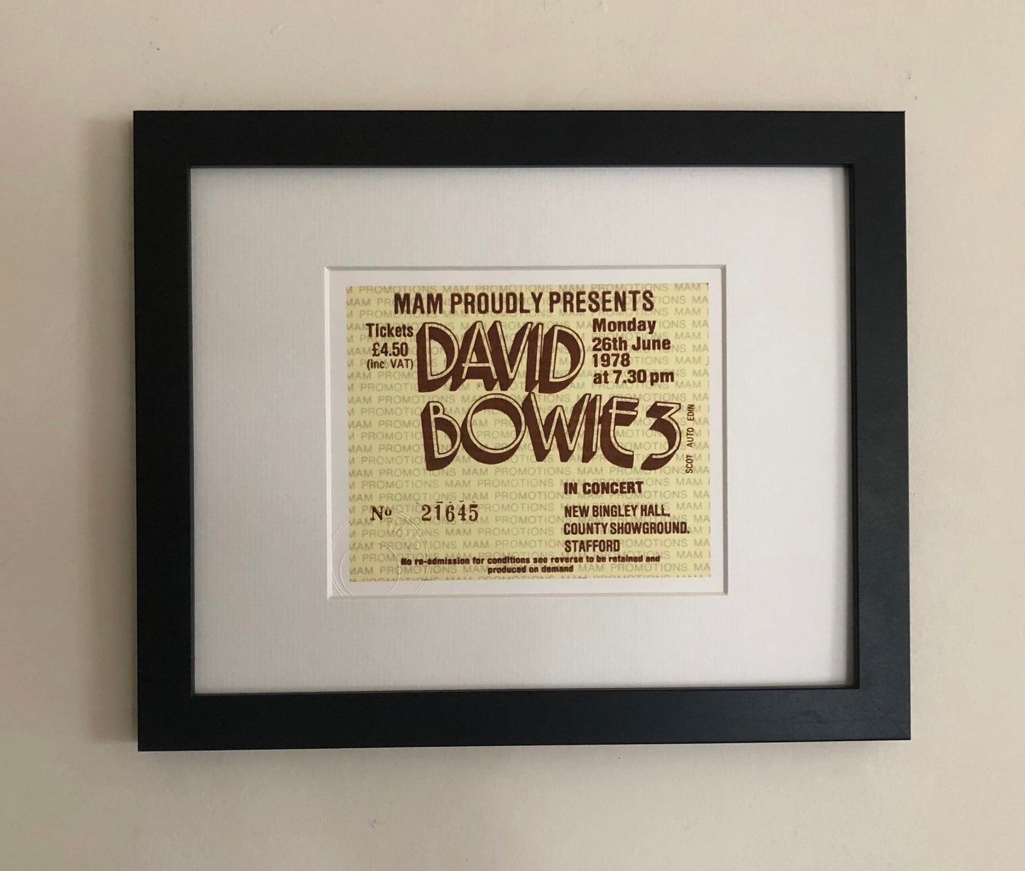 DAVID BOWIE - 1978 New Bingley Hall, Stafford framed ticket giclee print