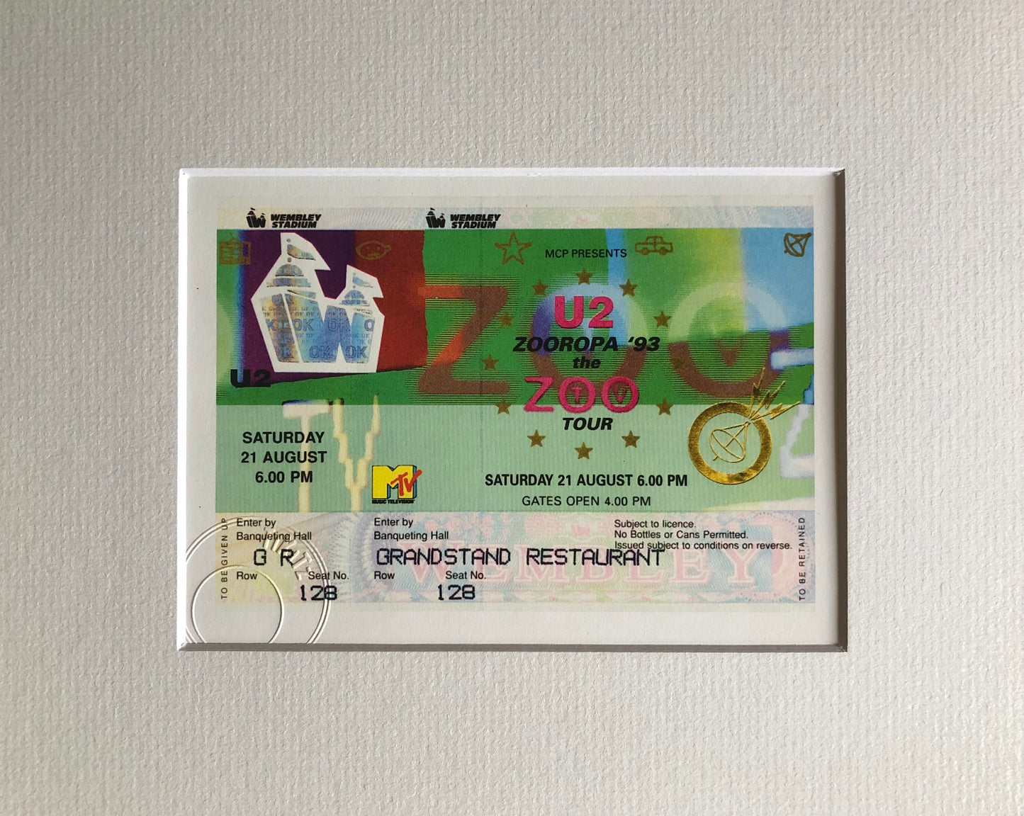 U2- Zooropa ‘93 Wembley Stadium ,London framed ticket giclee print