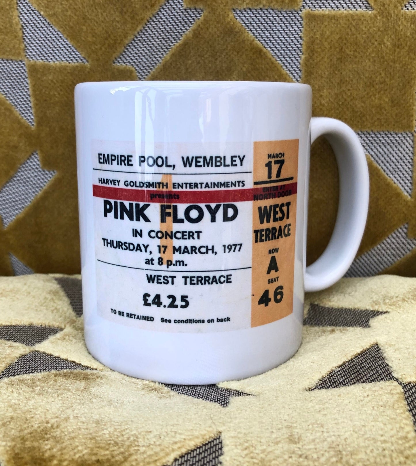 PINK FLOYD - 11oz ceramic mug featuring the 1977 Empire Pool ,Wembley, London ticket on both sides