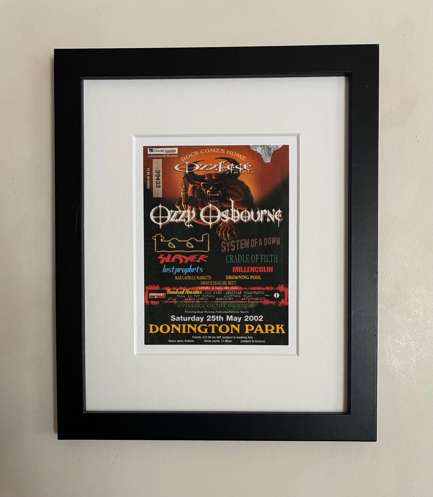 OZZY OSBOURNE - 2002 “ Ozzfest 2002 ” Donington Park framed ticket giclee print