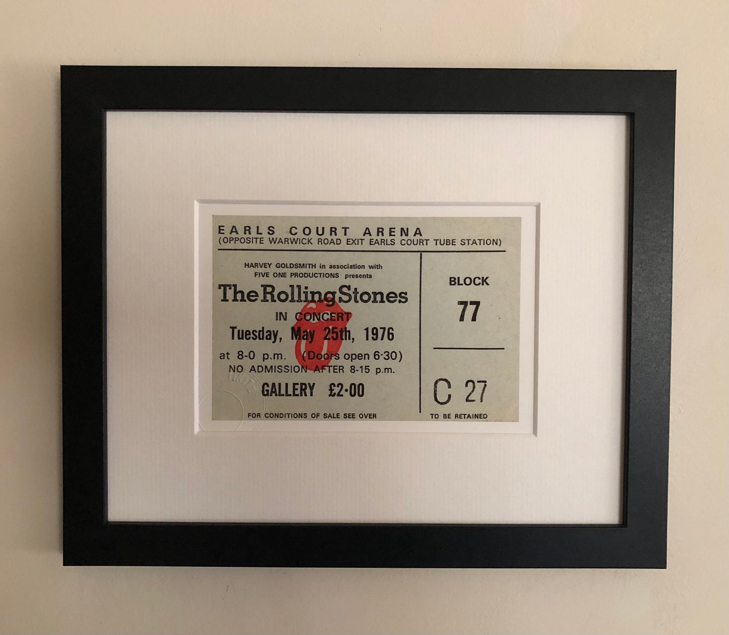 ROLLING STONES - 1976 Earls Court Arena, London framed ticket giclee print