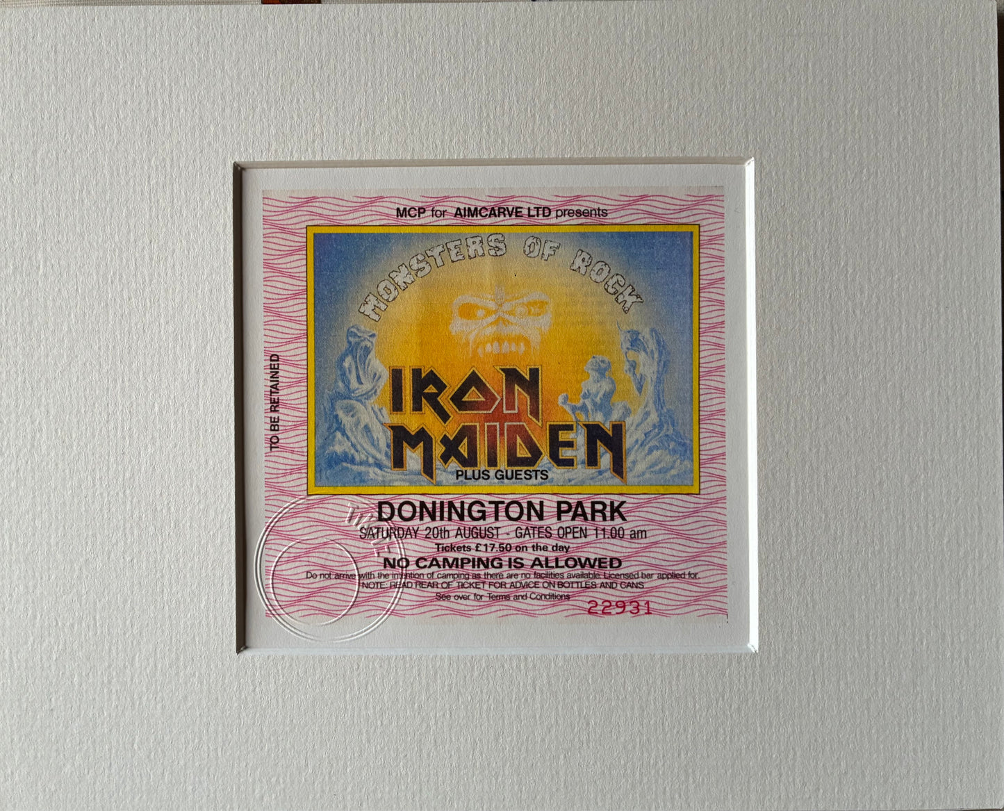 IRON MAIDEN - 20/8/1988 Monsters of Rock at Donington Park framed ticket giclee print