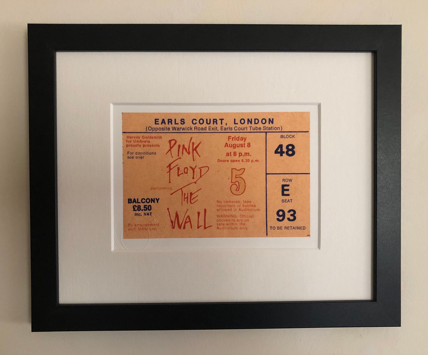 PINK FLOYD - 1980 “ The Wall “ Earls Court , London framed ticket giclee print