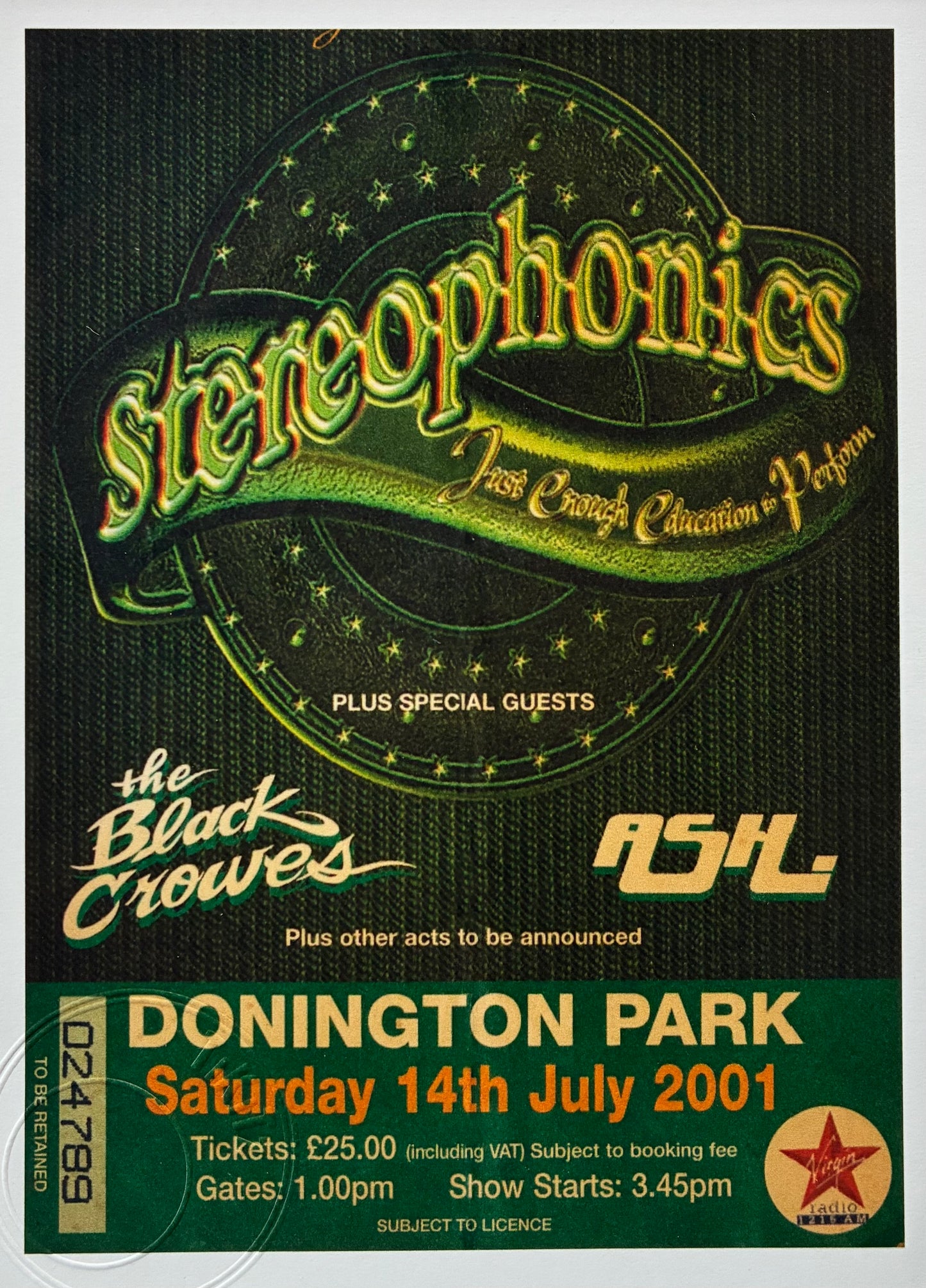 STEREOPHONICS ( Black Crowes ) - 2001 Donington Park framed ticket giclee print