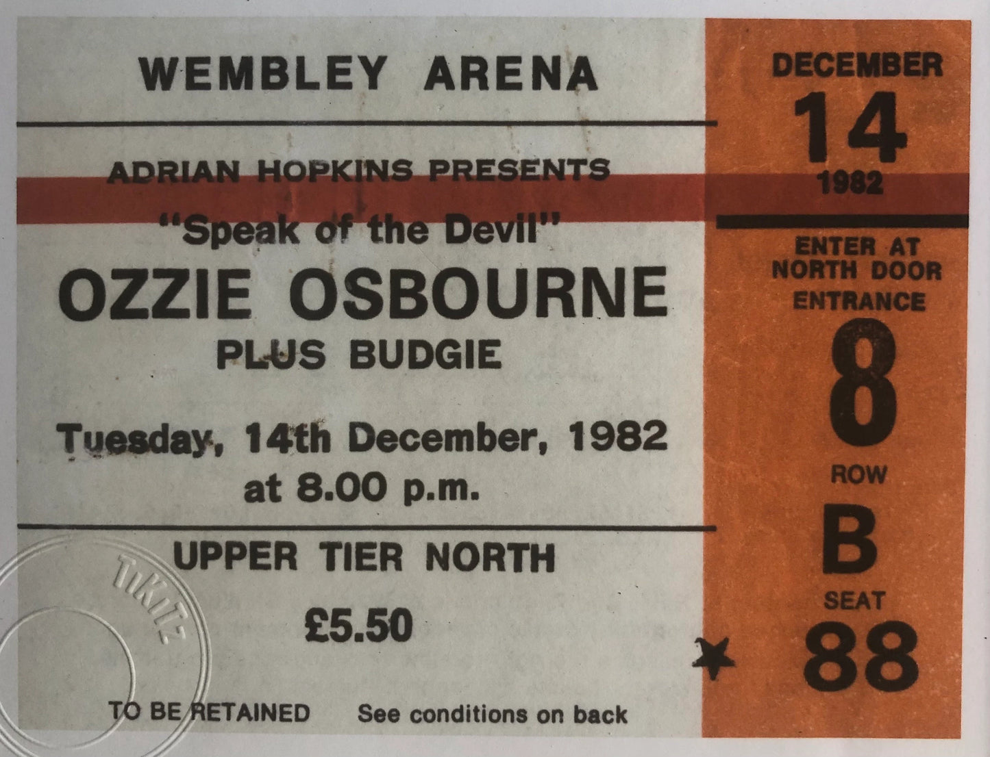 OZZY OSBOURNE- 1982 Wembley Arena , London framed ticket giclee print