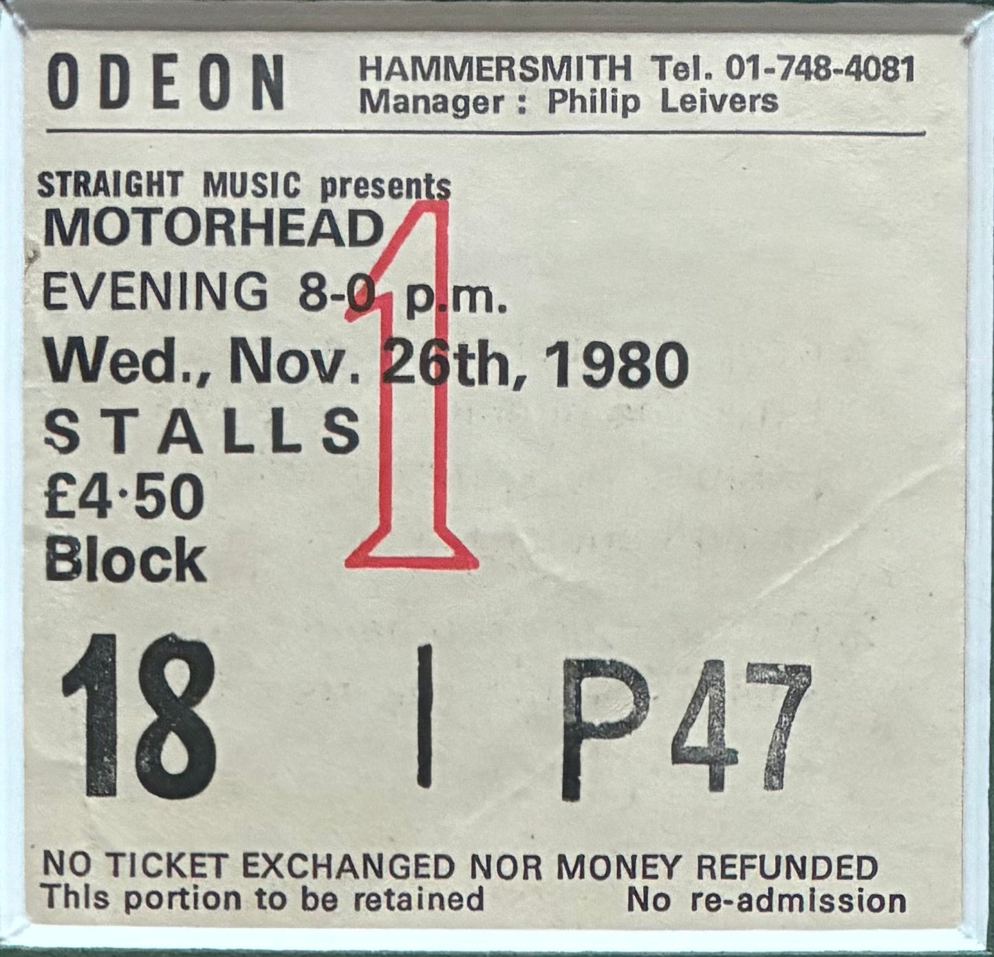 MOTORHEAD- 1980 “ Ace of Spades tour “ concert advert and original ticket for the Hammersmith Odeon London concert on 26/11/1980 . Framed