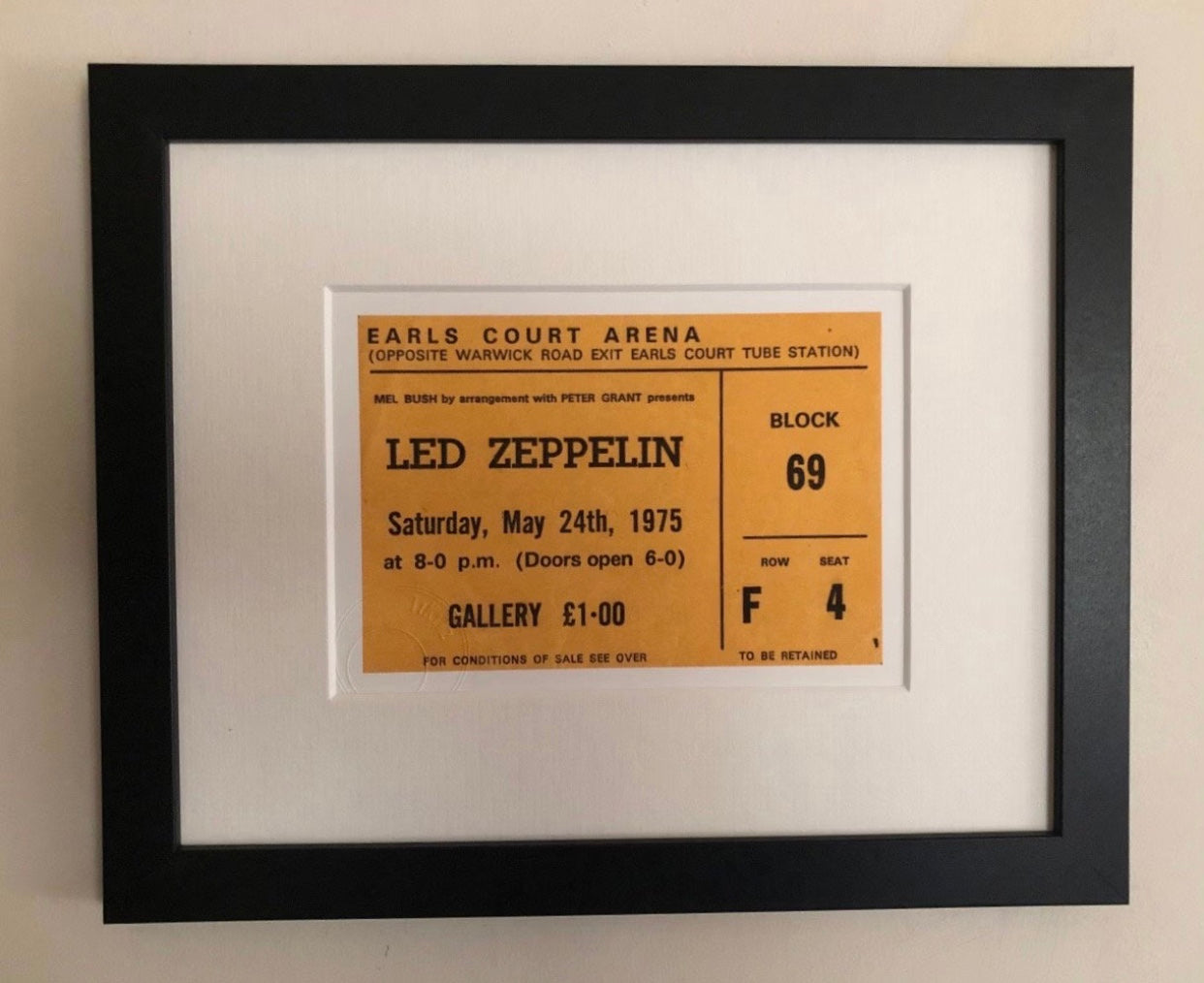 LED ZEPPELIN - 1975 Earls Court , London framed ticket giclee print