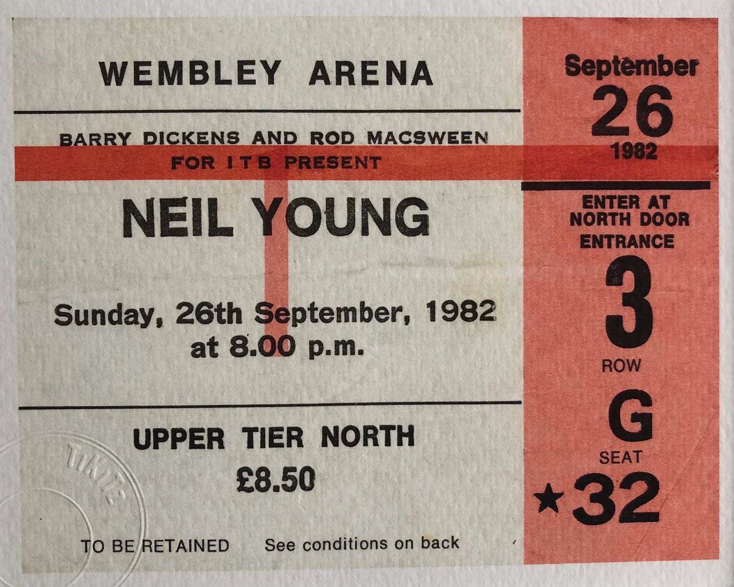 NEIL YOUNG - 1982 Wembley Arena , London framed ticket giclee print
