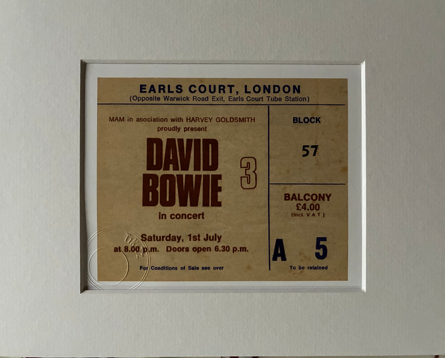 DAVID BOWIE - 1978 Earls Court (3rd night of a 3 night residency )London framed ticket giclee print